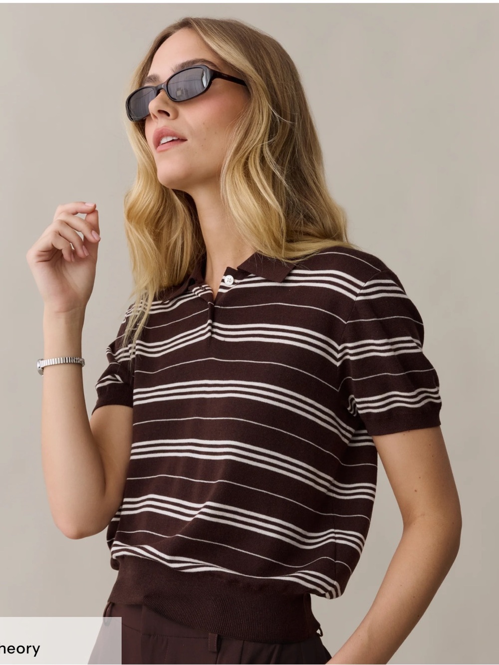 Striped Short-Sleeve Polo Knit Top in Brown and White